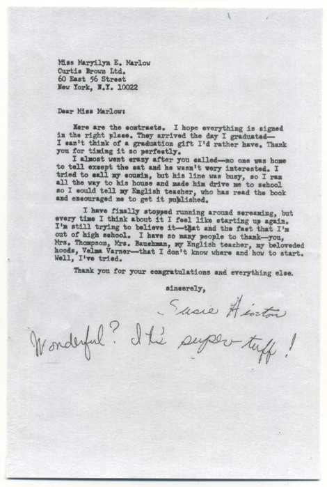 Letter from Hinton to her agent, Marilyn Marlow (Photo courtesy of S.E. Hinton with permission from Penguin Young Readers)
